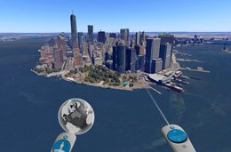 image of Google Earth virtual reality showing a virtual fly-over of New York City