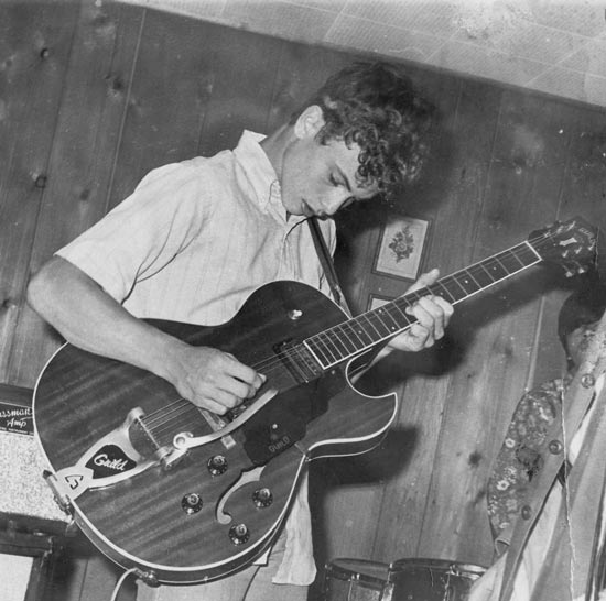 Panel of three vintage photos showing Gary Sinese playing guitar, with his band called Half Day Road, and as a bedraggled high school senior