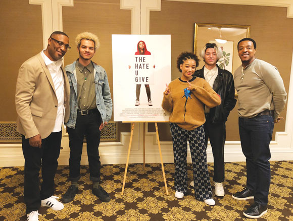 Image of FastForward reporters with "The Hate U Give" director George Tillman and cast members Amandla Stenberg and Russell Hornsby