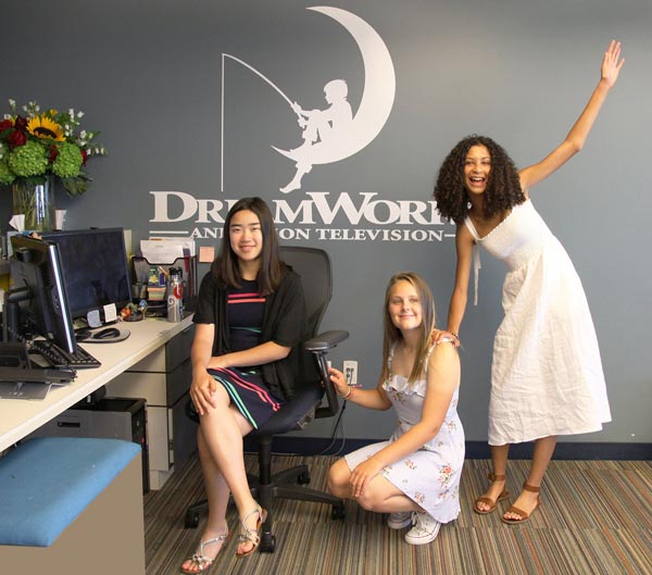 Image of FastForward reporters Jackie Chin, Kylie Sebastian, and Zadie Winthrop at DreamWorks in Los Angeles