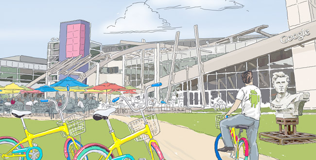 Illustrated image of Google's headquarters